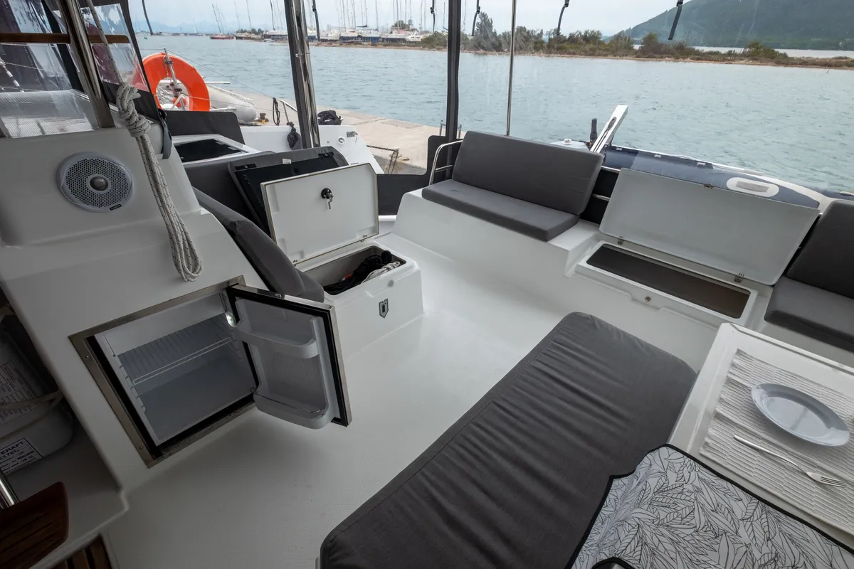 Deck of Orestes, a Fountaine Pajot Astréa 42 catamaran at Municipal Unit of Lefkada, Greece