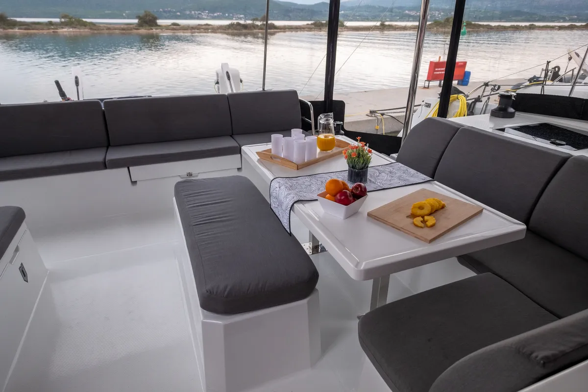 Deck of Orestes, a Fountaine Pajot Astréa 42 catamaran at Municipal Unit of Lefkada, Greece