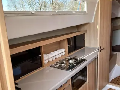 Galley of Zanussi, a Northman Nexus Revo 870 Prestige motorboat at Sztynort, Poland