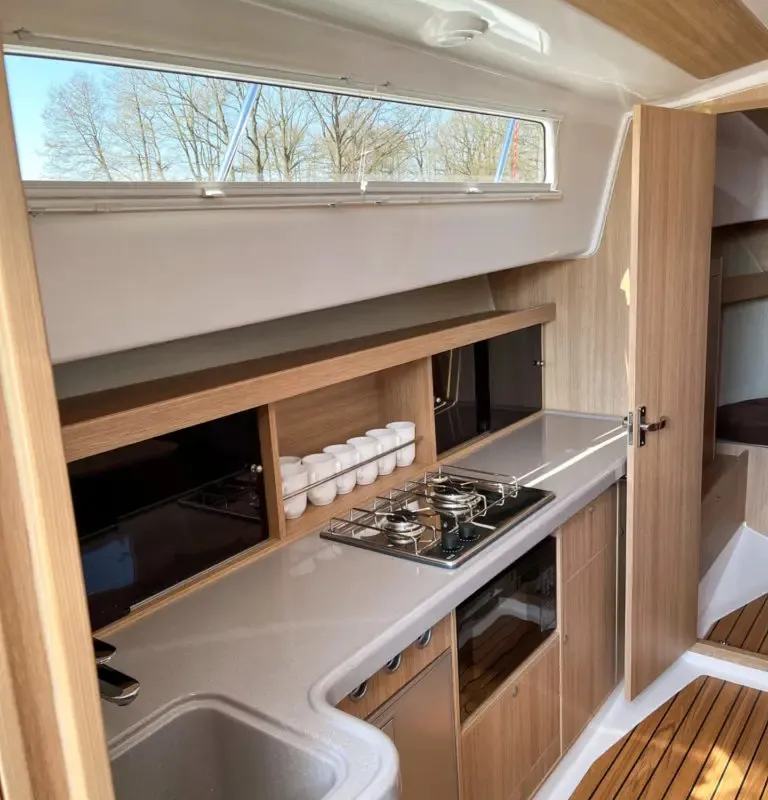 Galley of Zanussi, a Northman Nexus Revo 870 Prestige motorboat at Sztynort, Poland