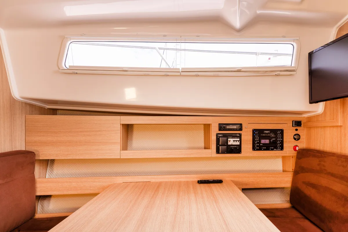 Salon of Zanussi, a Northman Nexus Revo 870 Prestige motorboat at Sztynort, Poland