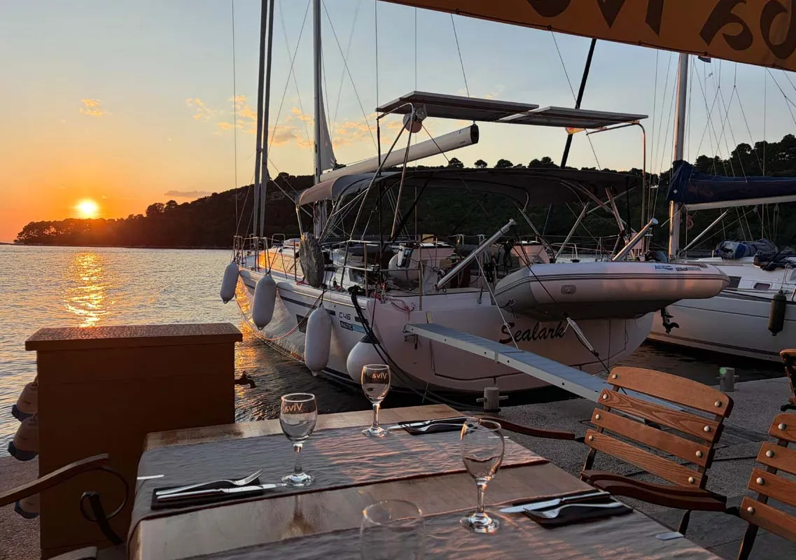 Exterior view of Sealark, a Bavaria C46 sailboat at Figari/Golfo Aranci, Italy