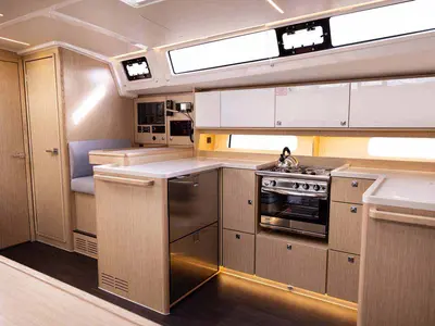 Galley of Sealark, a Bavaria C46 sailboat at Figari/Golfo Aranci, Italy