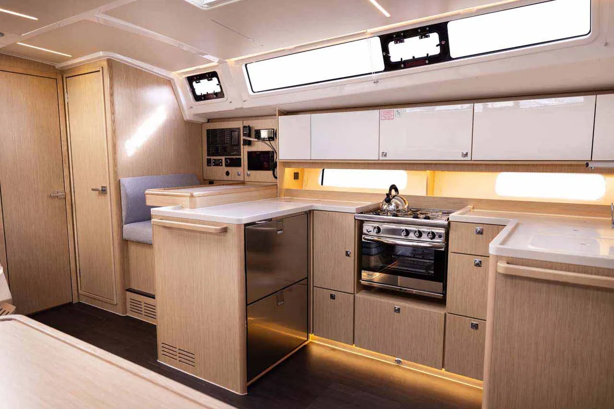 Galley of Sealark, a Bavaria C46 sailboat at Figari/Golfo Aranci, Italy