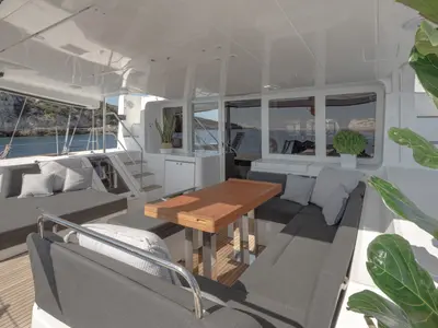 Deck of ONEIDA, a Lagoon 52F catamaran at Municipal Unit of Nea Peramos, Greece