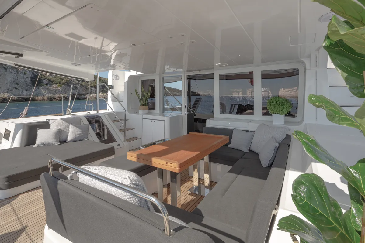 Deck of ONEIDA, a Lagoon 52F catamaran at Municipal Unit of Nea Peramos, Greece