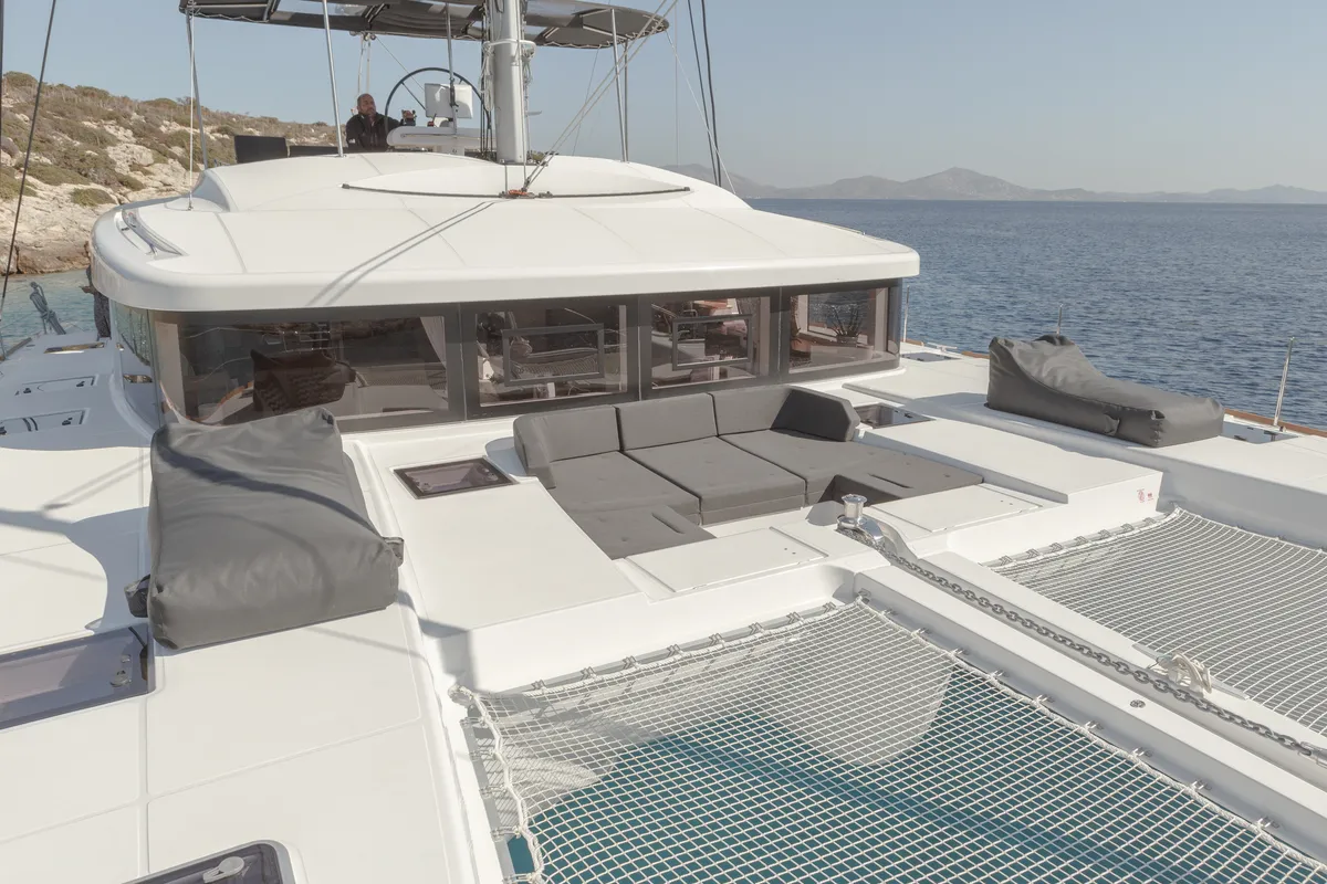 Deck of ONEIDA, a Lagoon 52F catamaran at Municipal Unit of Nea Peramos, Greece