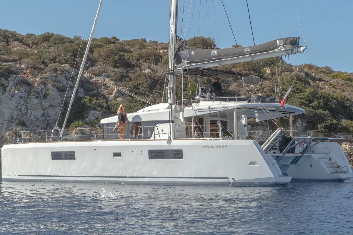 Exterior view of ONEIDA, a Lagoon 52F catamaran at Municipal Unit of Nea Peramos, Greece