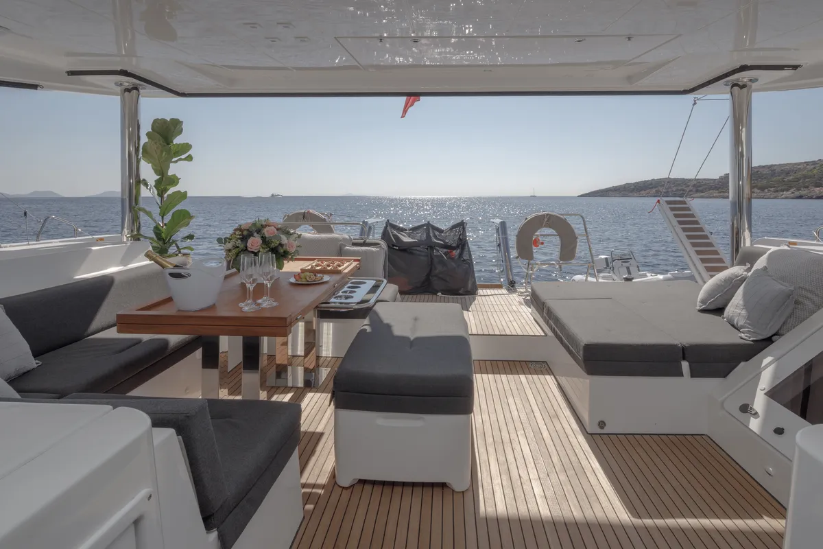 Deck of ONEIDA, a Lagoon 52F catamaran at Municipal Unit of Nea Peramos, Greece