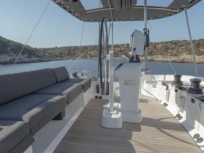 Cockpit of ONEIDA, a Lagoon 52F catamaran at Municipal Unit of Nea Peramos, Greece