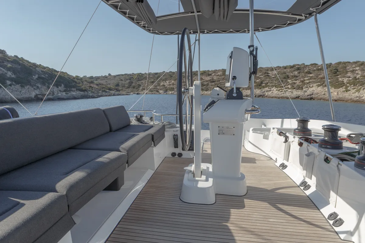 Cockpit of ONEIDA, a Lagoon 52F catamaran at Municipal Unit of Nea Peramos, Greece