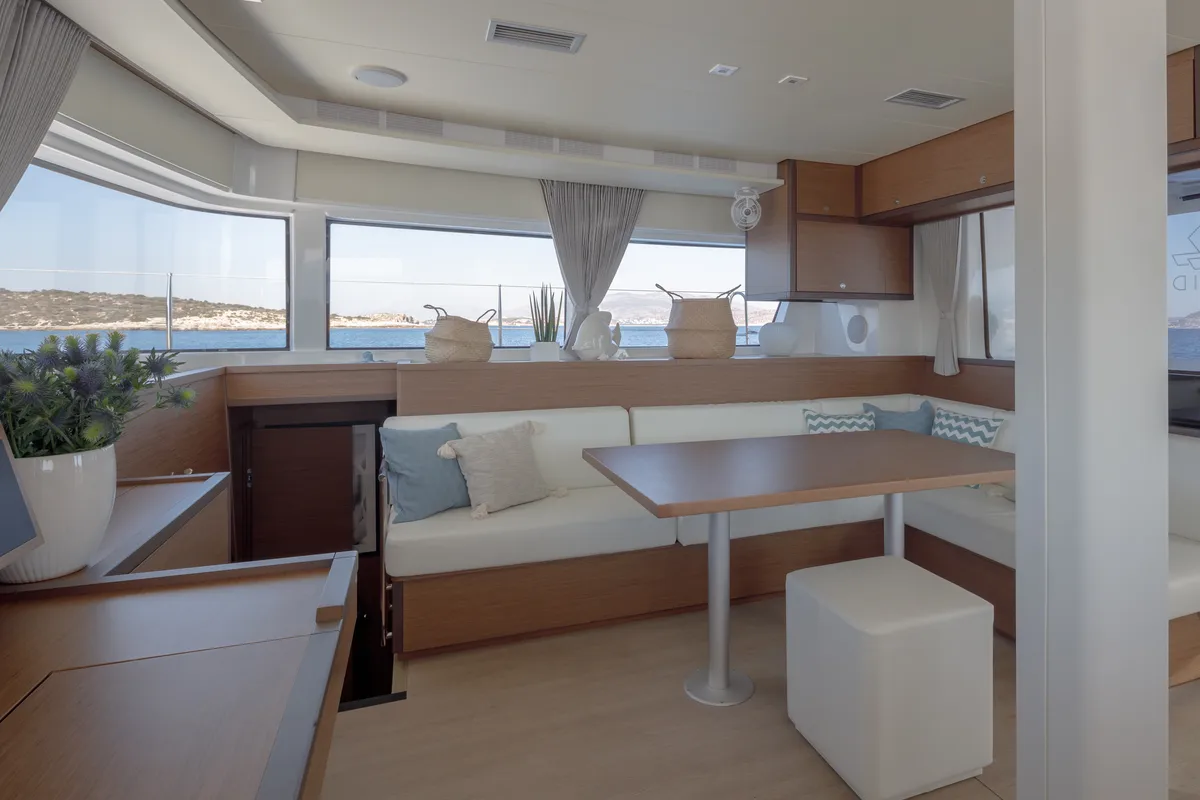 Salon of ONEIDA, a Lagoon 52F catamaran at Municipal Unit of Nea Peramos, Greece