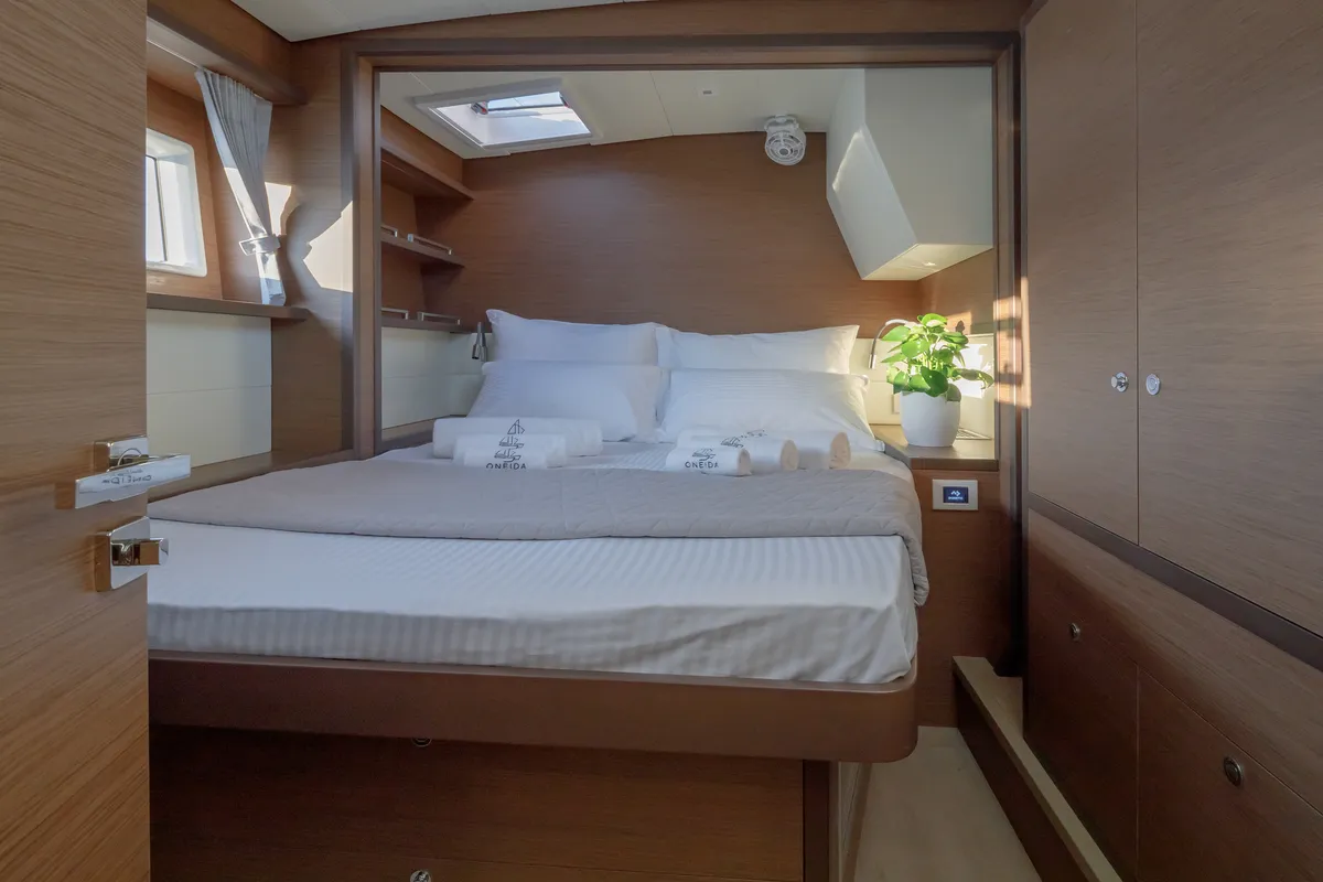 Cabin on ONEIDA, a Lagoon 52F catamaran at Municipal Unit of Nea Peramos, Greece