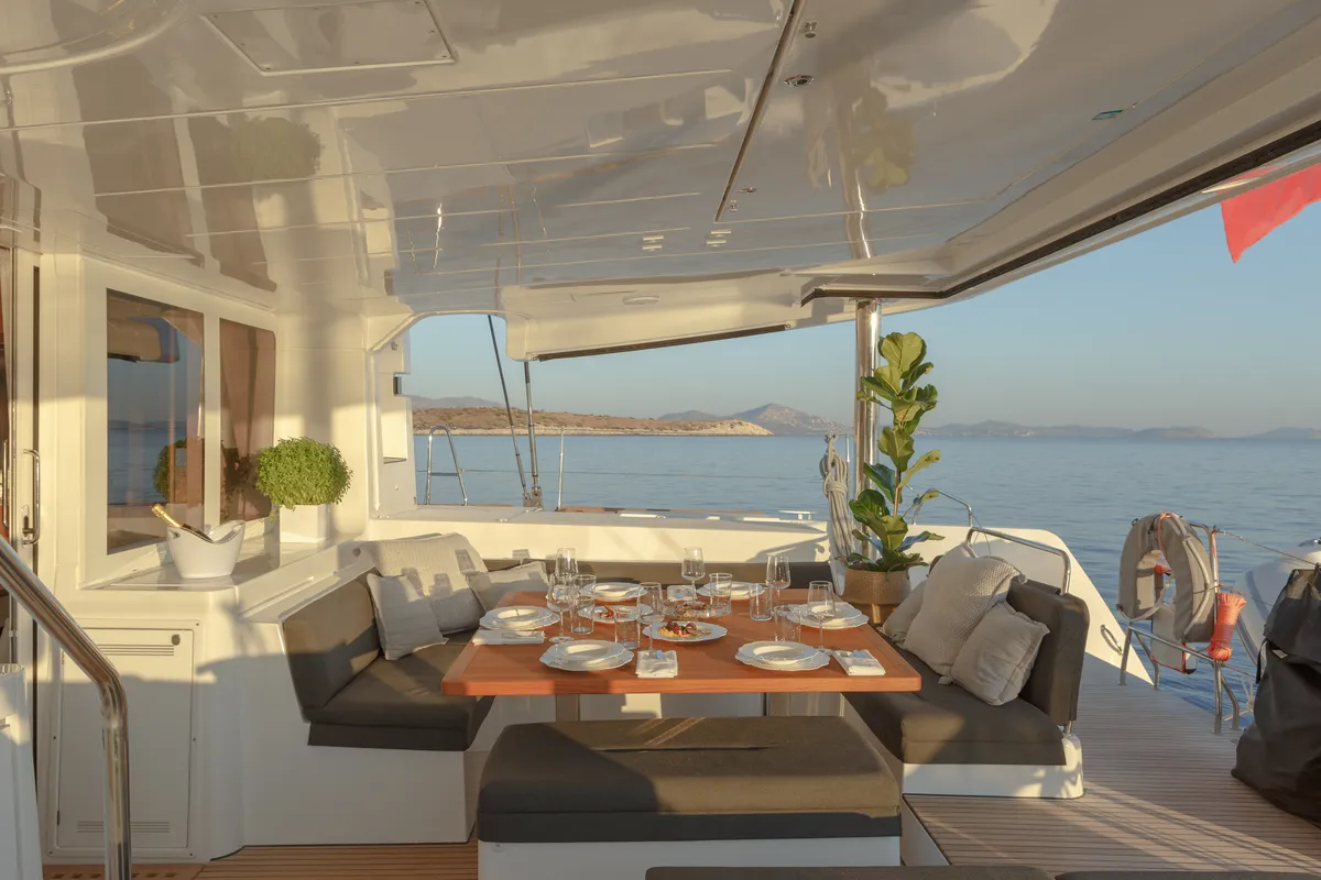 Deck of ONEIDA, a Lagoon 52F catamaran at Municipal Unit of Nea Peramos, Greece