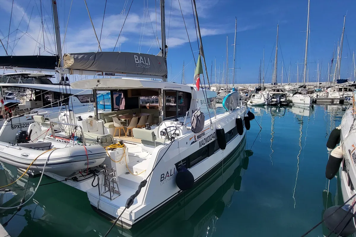 Exterior view of Love Sea, a Bali Catsmart catamaran at Capo d'Orlando, Italy