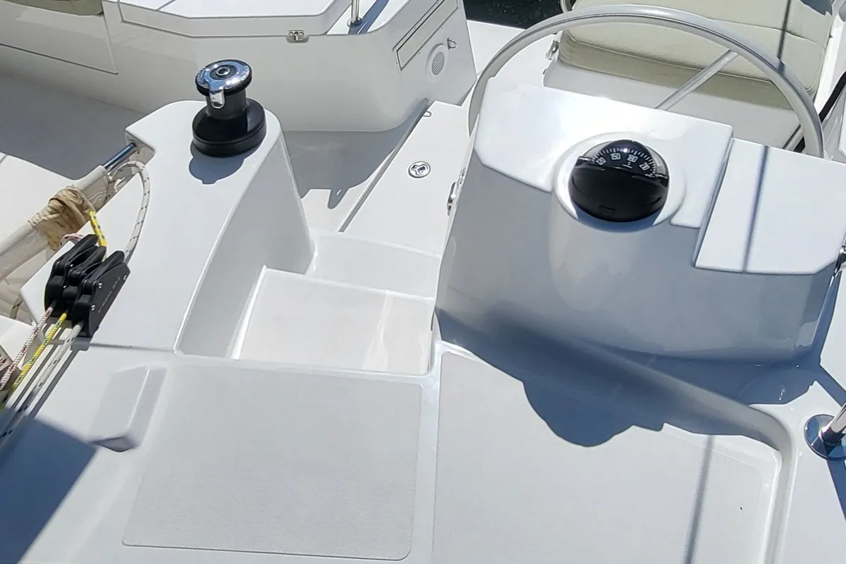 Cockpit of Love Sea, a Bali Catsmart catamaran at Capo d'Orlando, Italy