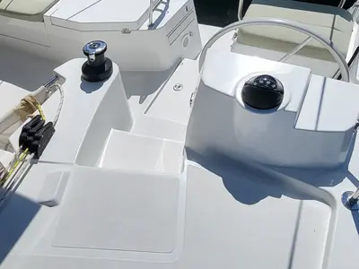 Cockpit of Love Sea, a Bali Catsmart catamaran at Capo d'Orlando, Italy
