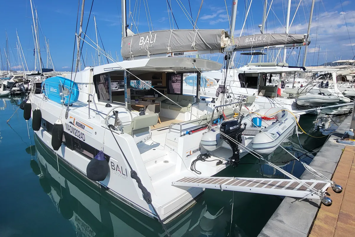 Exterior view of Love Sea, a Bali Catsmart catamaran at Capo d'Orlando, Italy