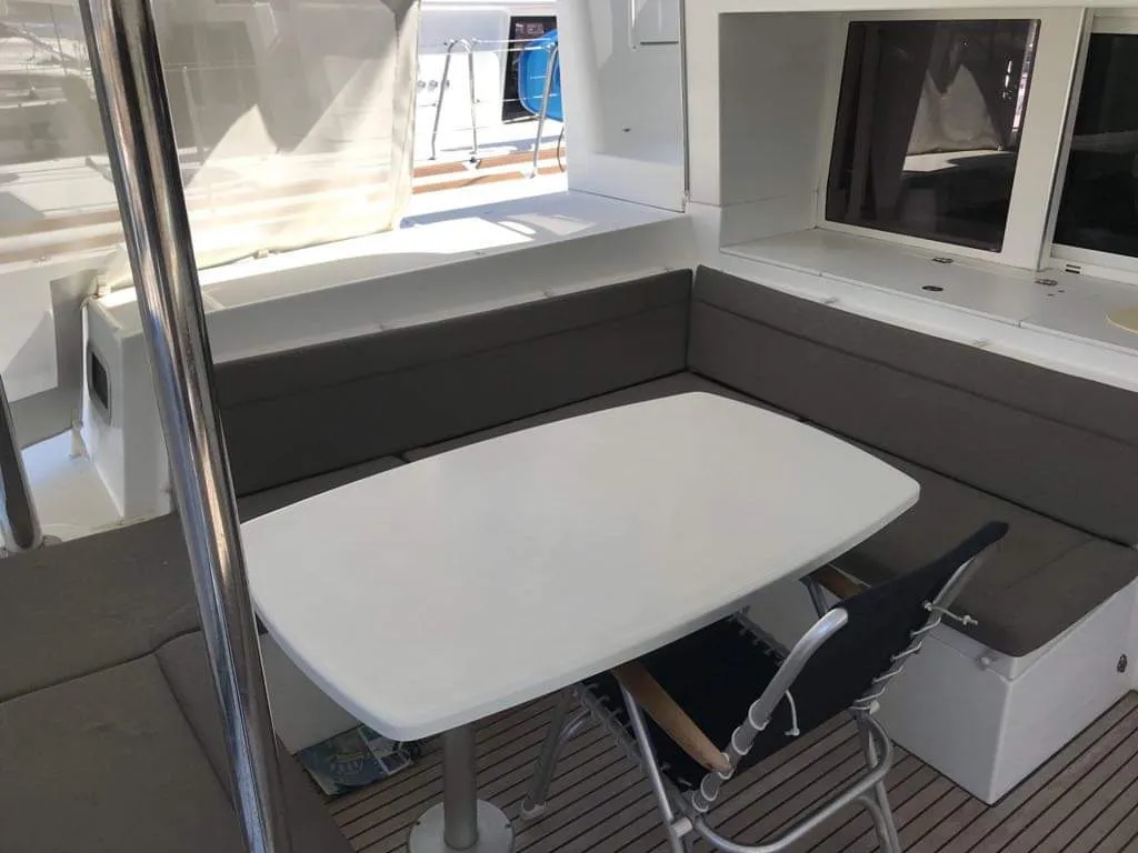 Deck of Cinzia, a Lagoon 450 Fly catamaran at Kos, Greece