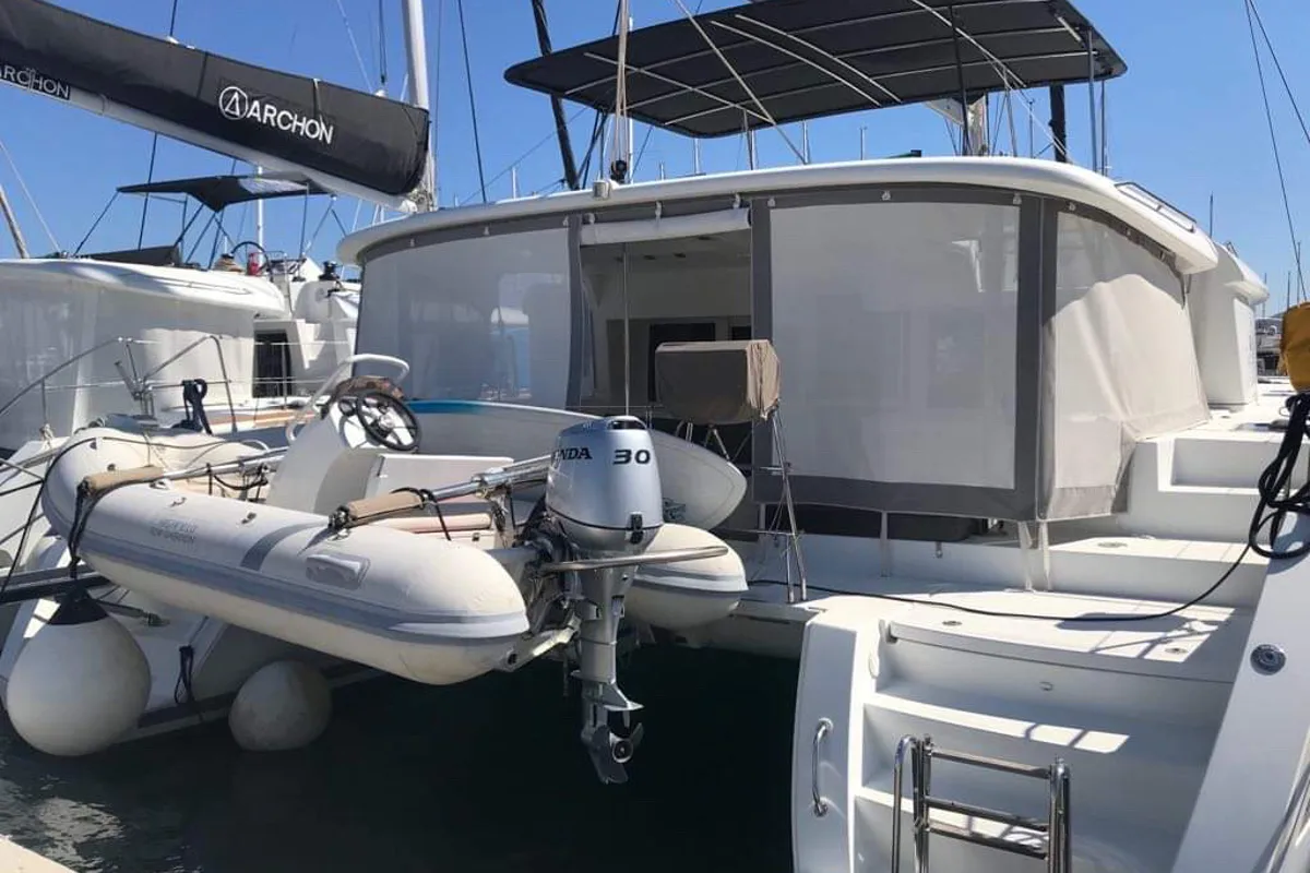Exterior view of Cinzia, a Lagoon 450 Fly catamaran at Kos, Greece