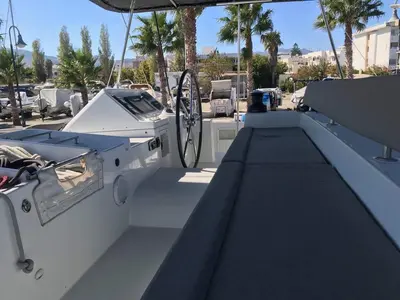 Cockpit of Cinzia, a Lagoon 450 Fly catamaran at Kos, Greece