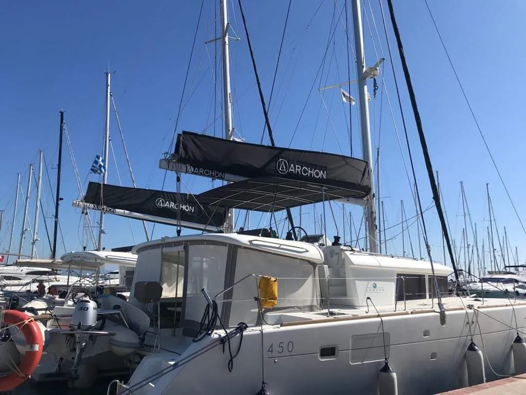 Exterior view of Cinzia, a Lagoon 450 Fly catamaran at Kos, Greece
