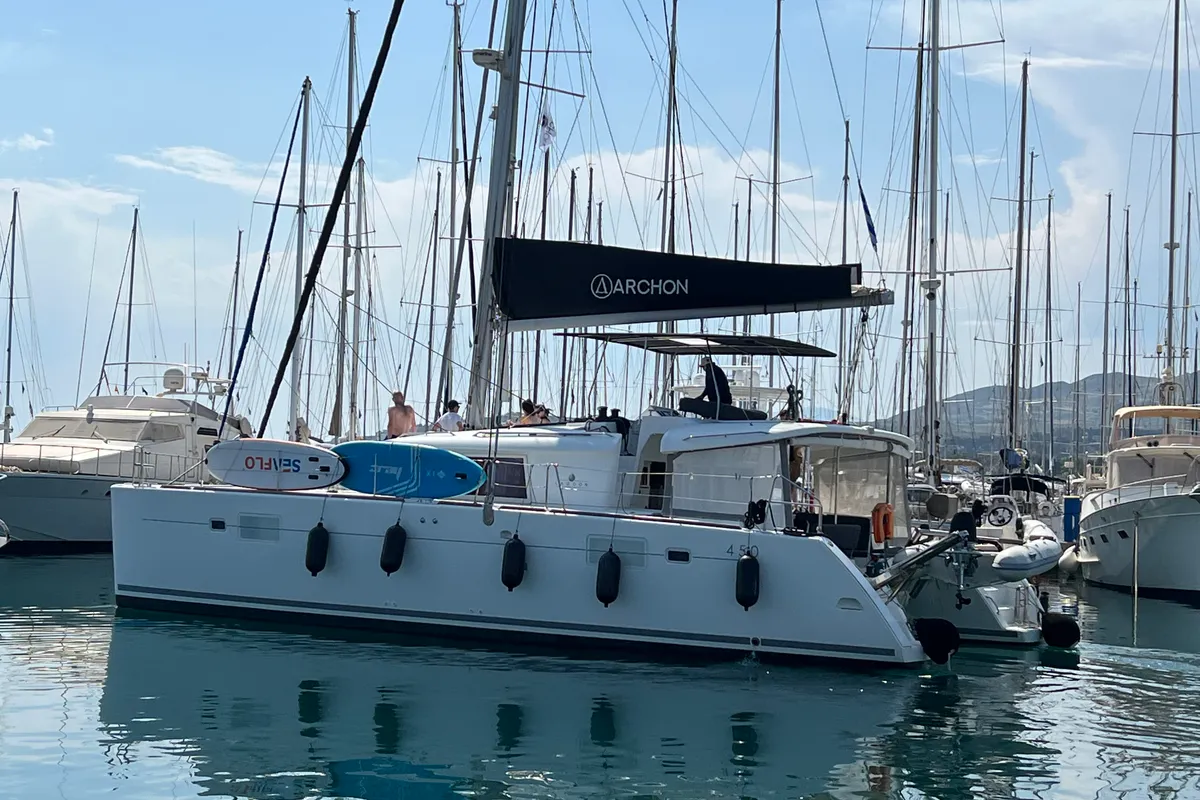 Exterior view of Cinzia, a Lagoon 450 Fly catamaran at Kos, Greece