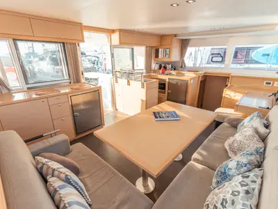 Salon of Cinzia, a Lagoon 450 Fly catamaran at Kos, Greece
