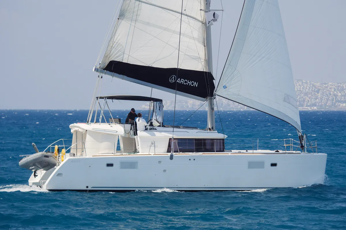 Exterior view of Cinzia, a Lagoon 450 Fly catamaran at Kos, Greece