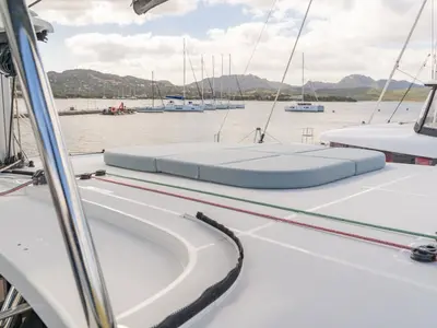 Deck of Arca 42, a Lagoon 42 catamaran at Olbia, Italy