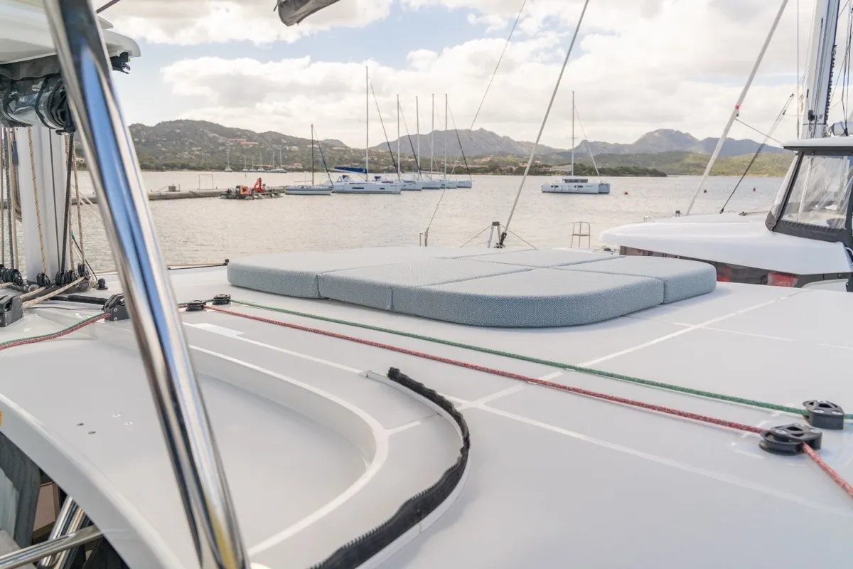 Deck of Arca 42, a Lagoon 42 catamaran at Olbia, Italy