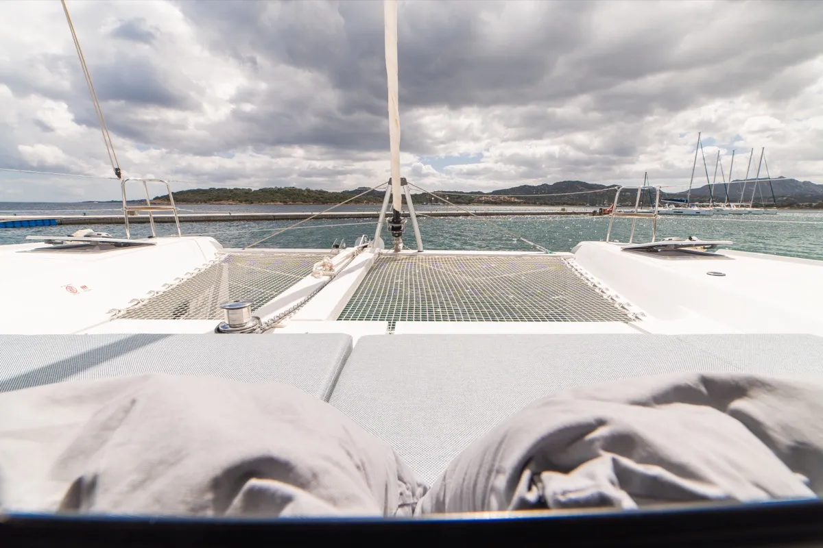 Deck of Arca 42, a Lagoon 42 catamaran at Olbia, Italy