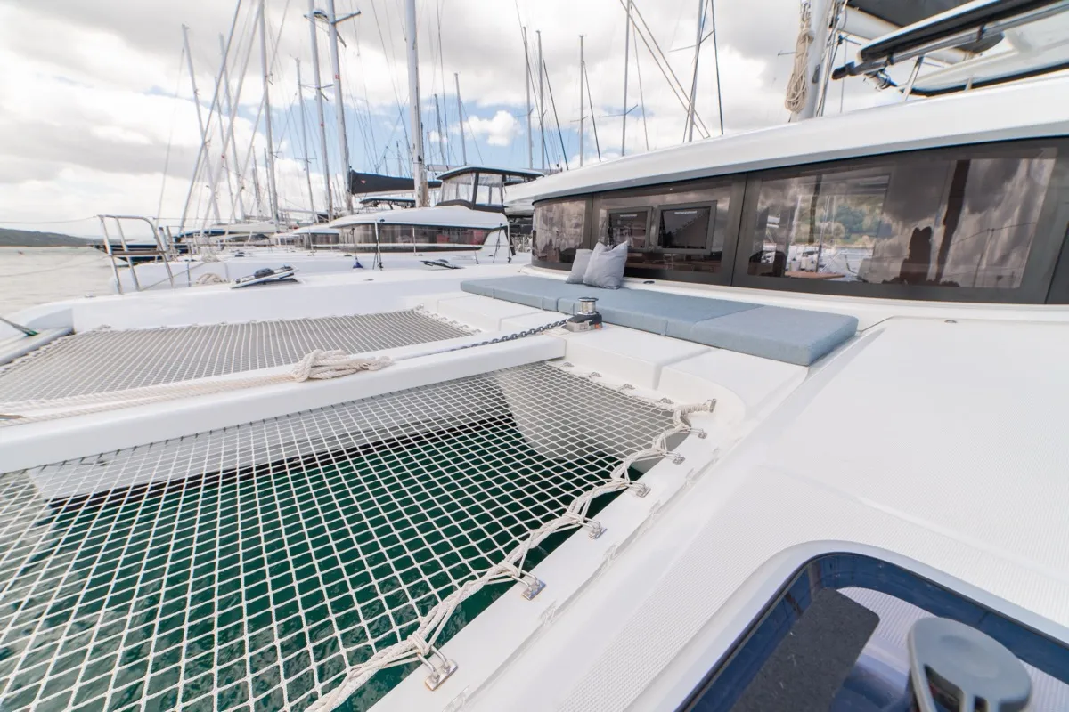 Deck of Arca 42, a Lagoon 42 catamaran at Olbia, Italy