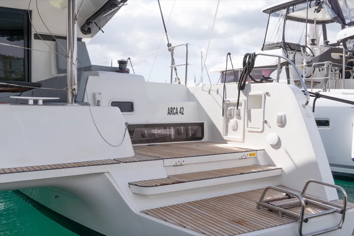 Exterior view of Arca 42, a Lagoon 42 catamaran at Olbia, Italy