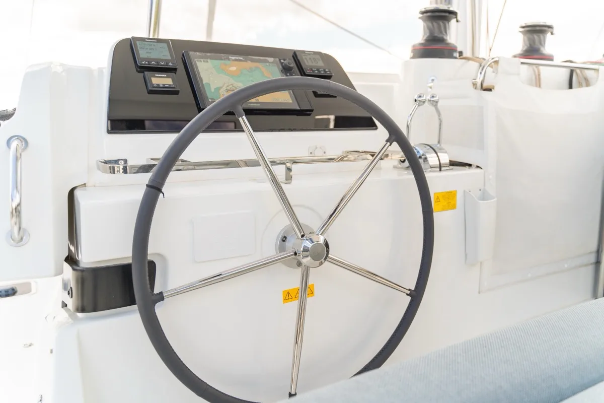 Cockpit of Arca 42, a Lagoon 42 catamaran at Olbia, Italy