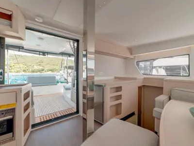 Salon of Arca 42, a Lagoon 42 catamaran at Olbia, Italy