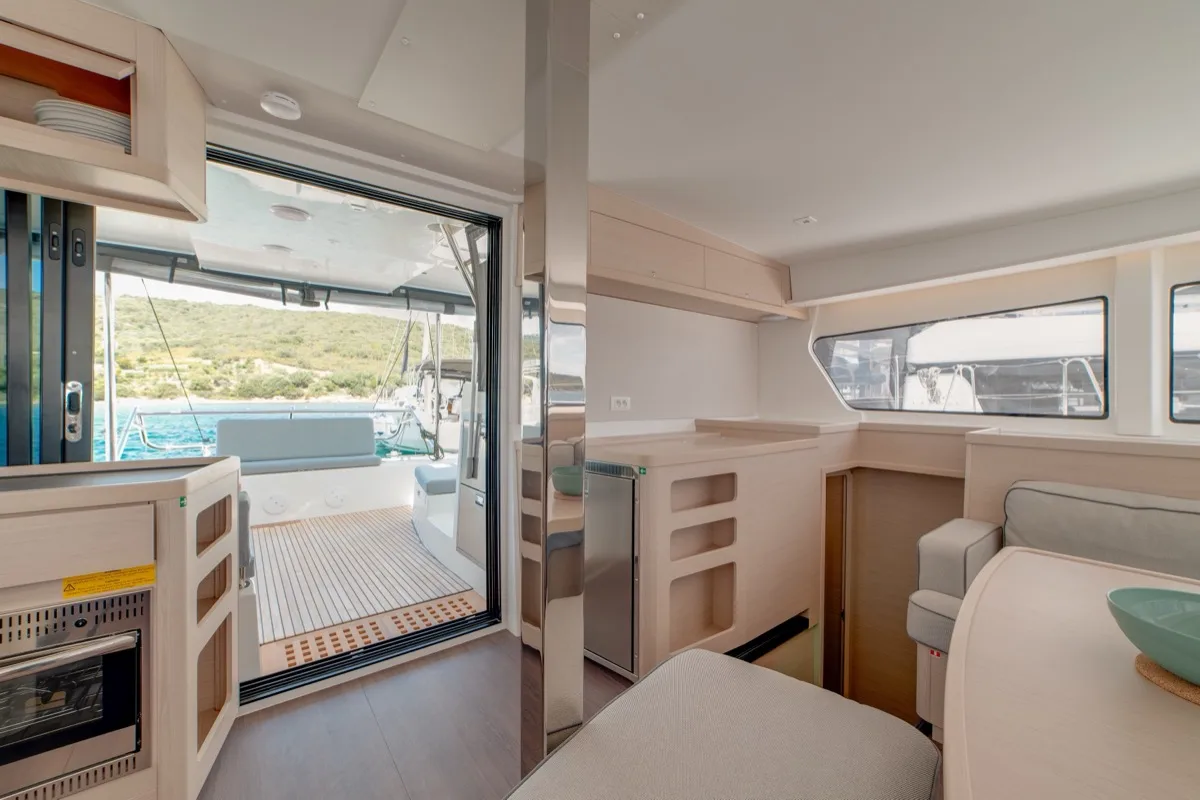 Salon of Arca 42, a Lagoon 42 catamaran at Olbia, Italy