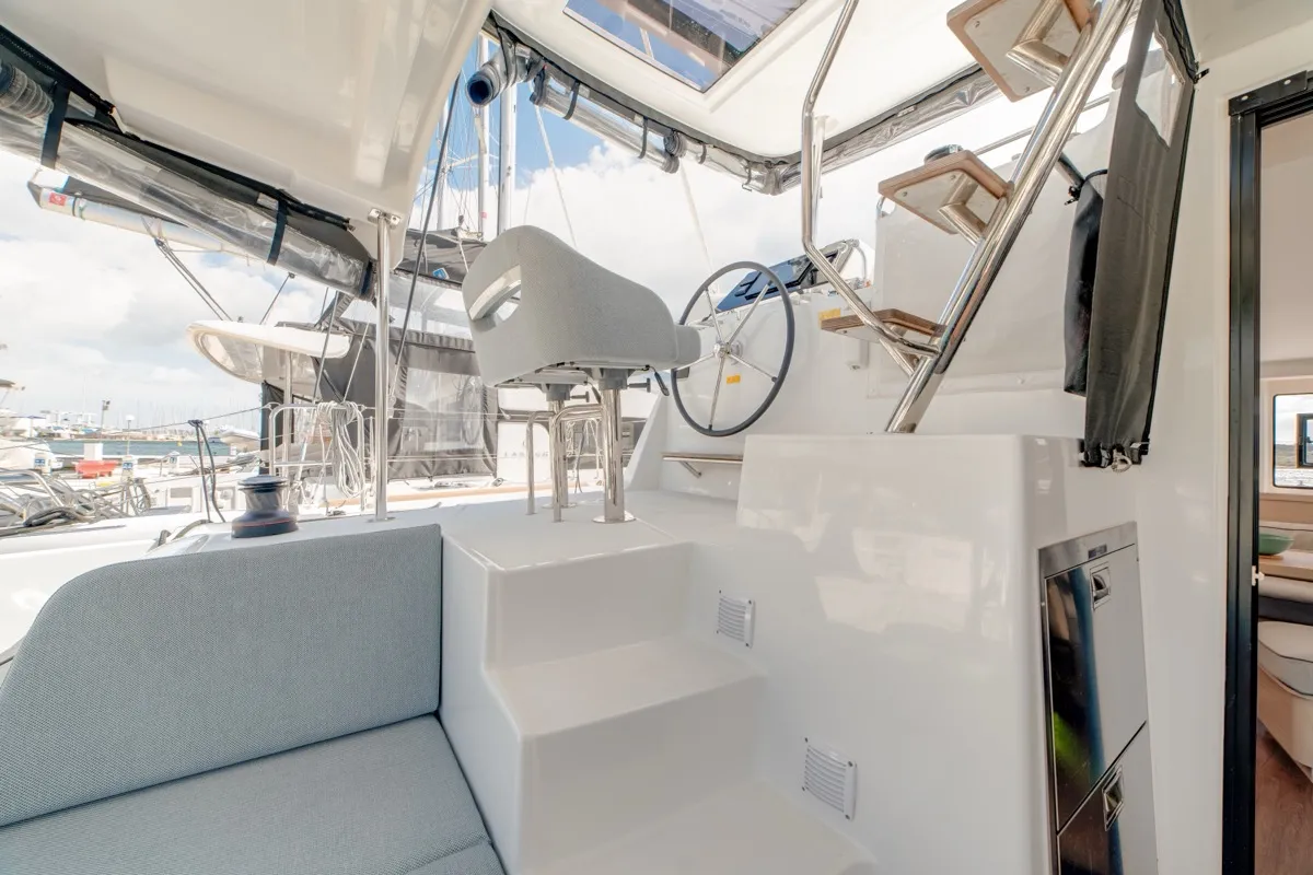 Deck of Arca 42, a Lagoon 42 catamaran at Olbia, Italy