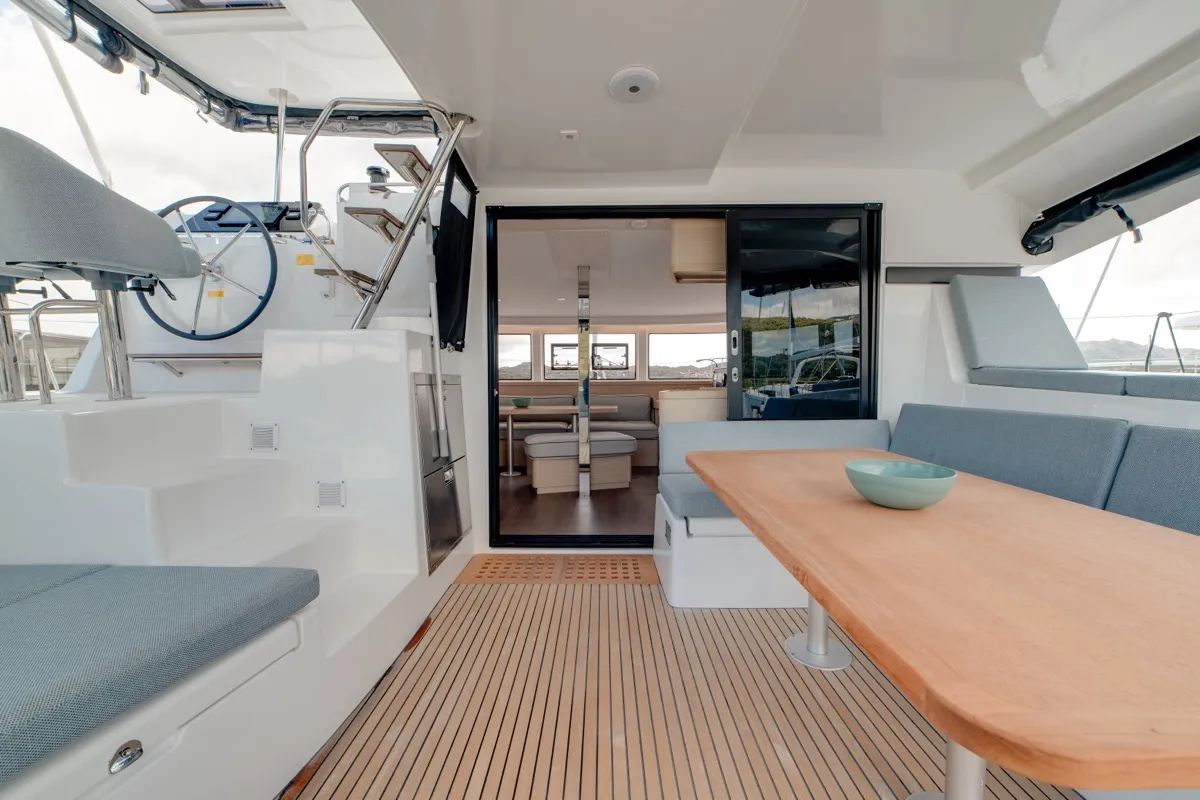Deck of Arca 42, a Lagoon 42 catamaran at Olbia, Italy