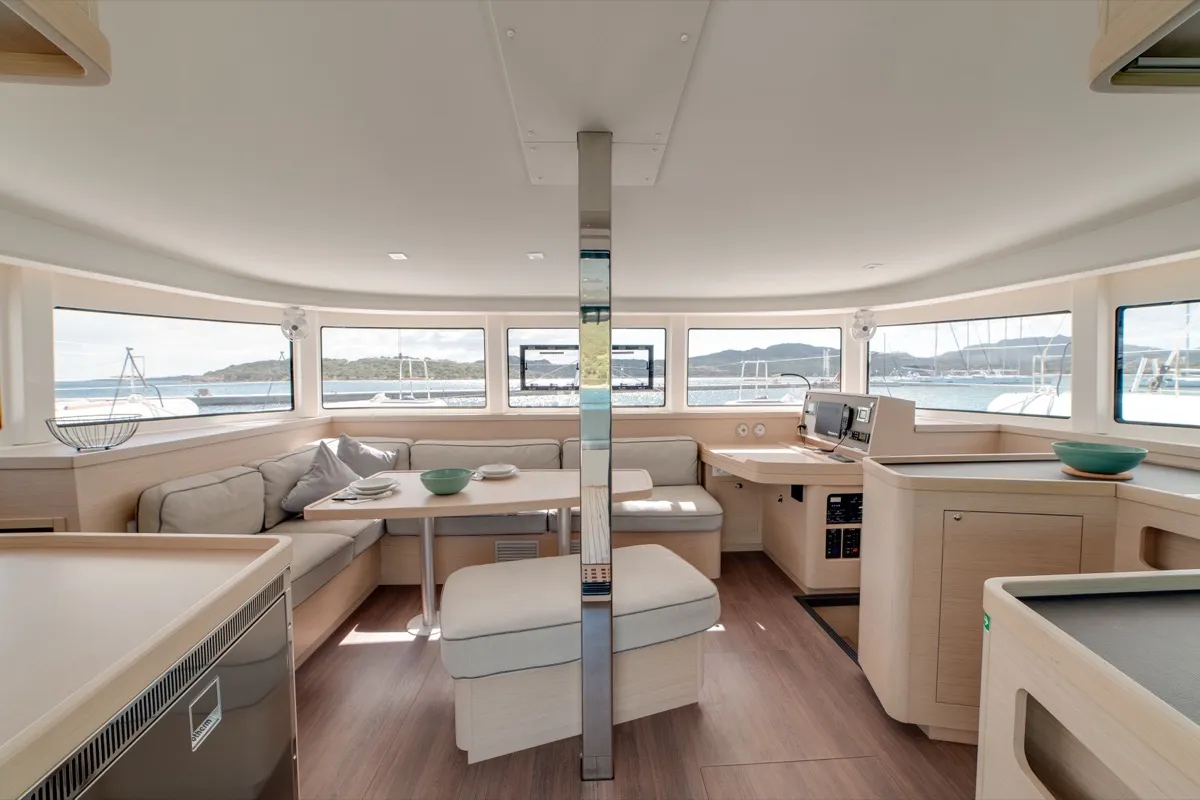 Salon of Arca 42, a Lagoon 42 catamaran at Olbia, Italy