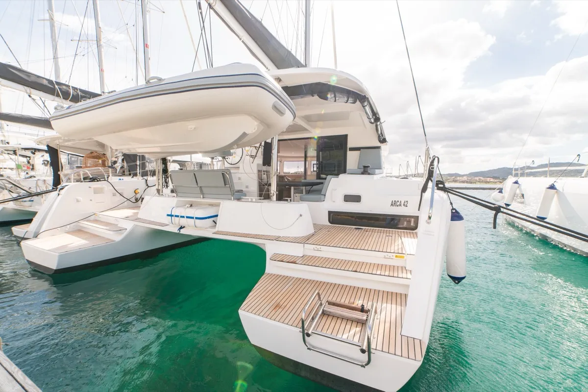 Exterior view of Arca 42, a Lagoon 42 catamaran at Olbia, Italy