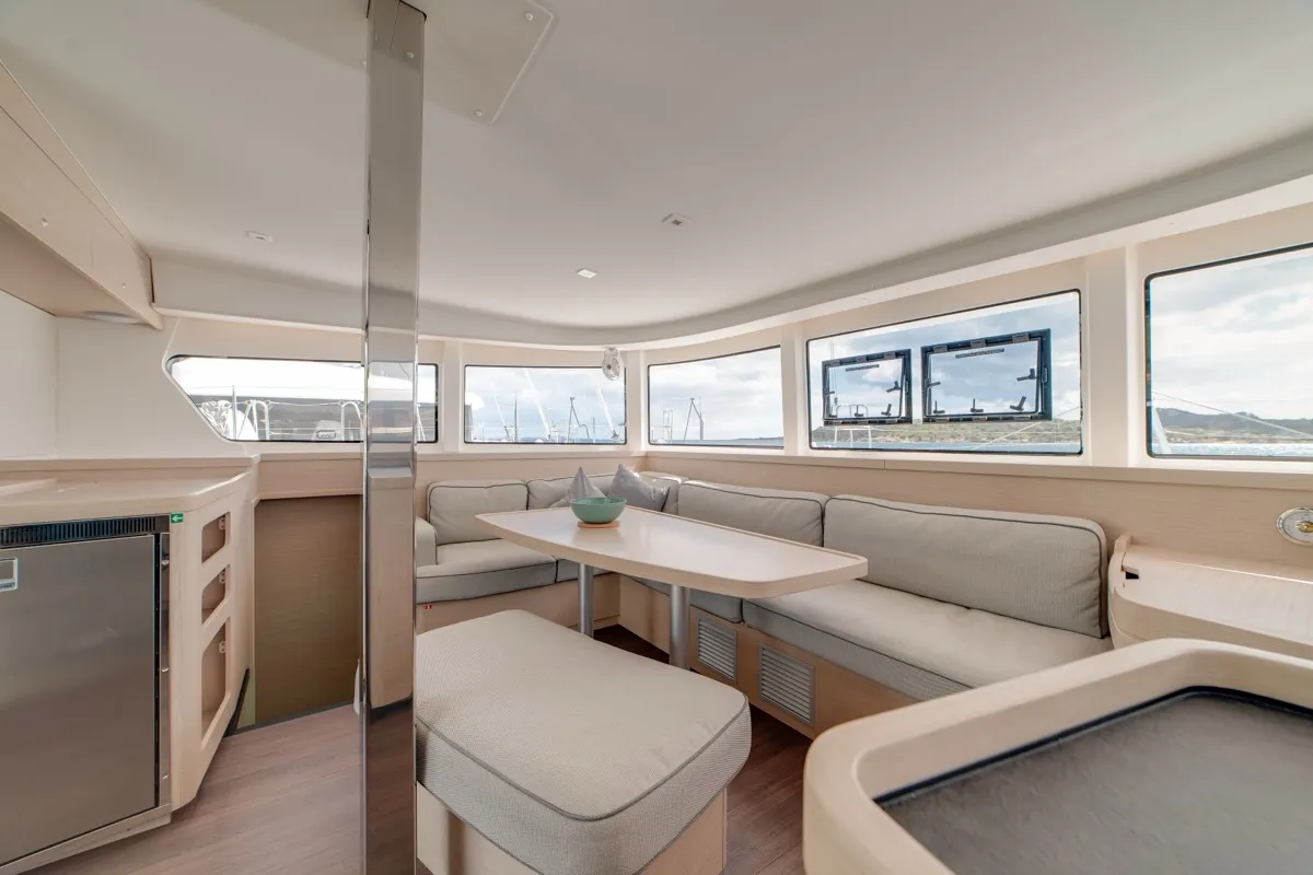 Salon of Arca 42, a Lagoon 42 catamaran at Olbia, Italy