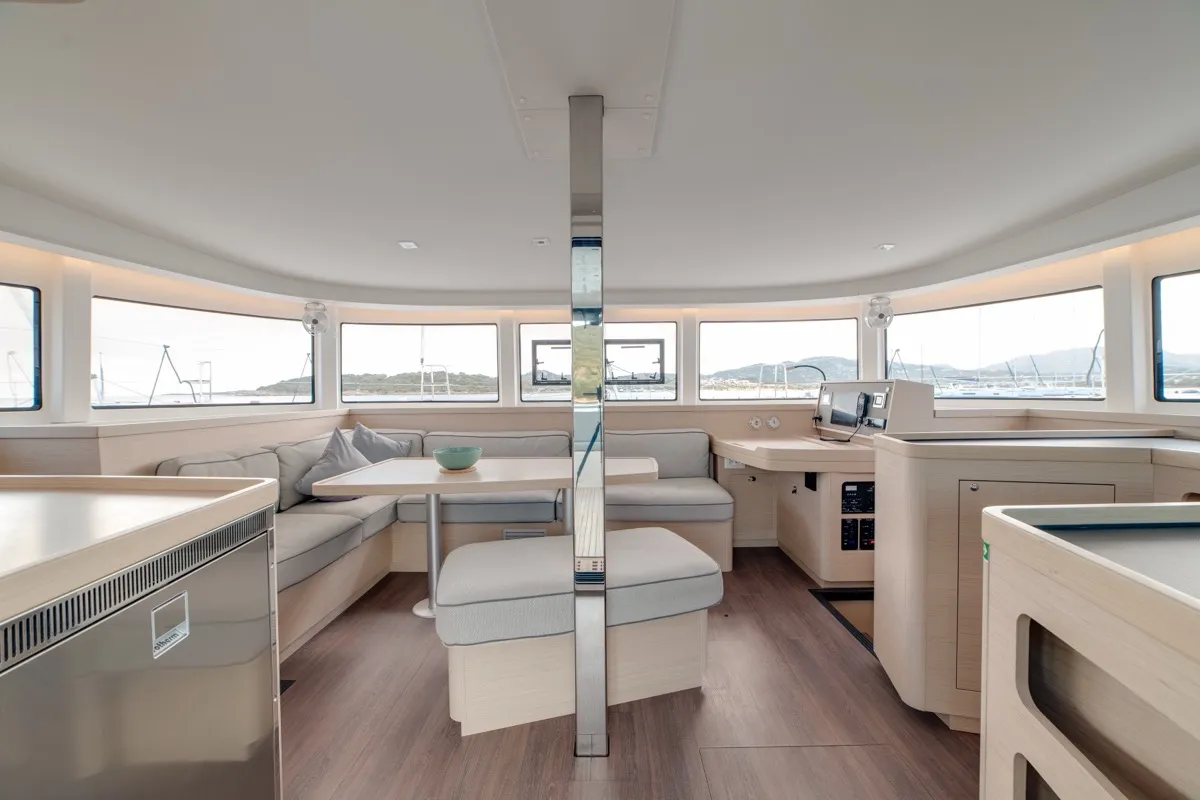 Salon of Arca 42, a Lagoon 42 catamaran at Olbia, Italy