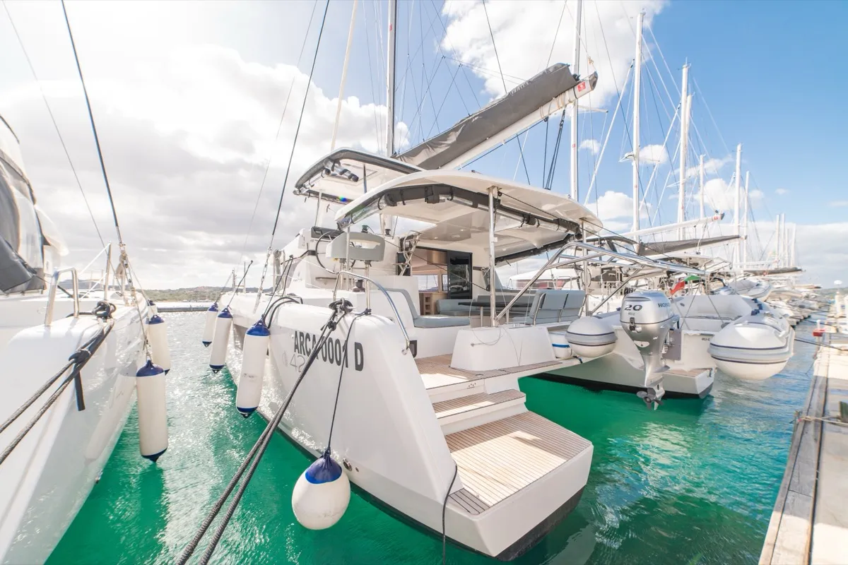 Exterior view of Arca 42, a Lagoon 42 catamaran at Olbia, Italy