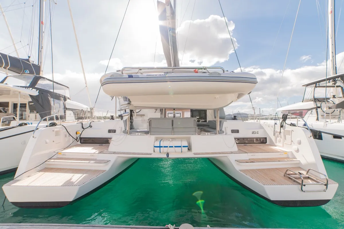 Exterior view of Arca 42, a Lagoon 42 catamaran at Olbia, Italy