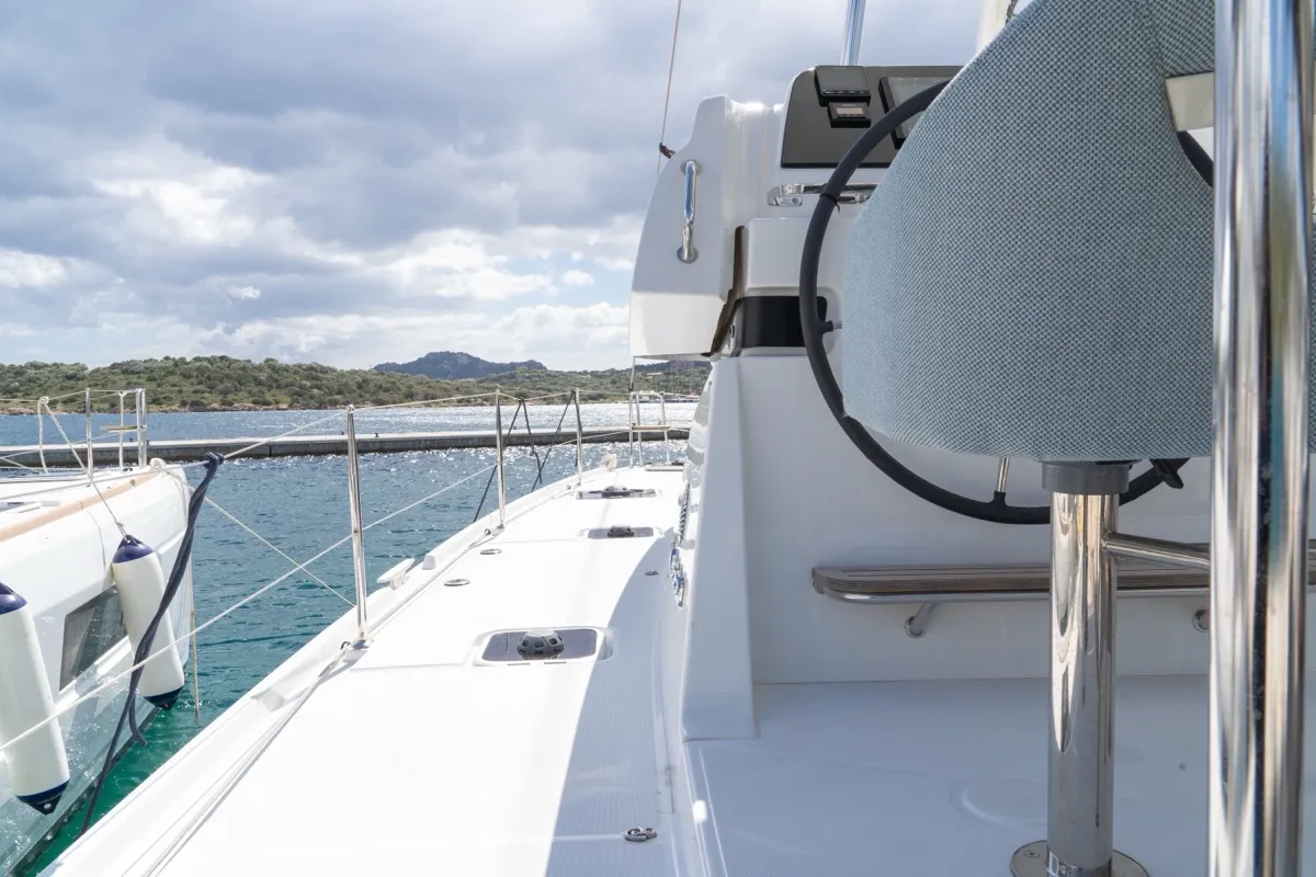 Cockpit of Arca 42, a Lagoon 42 catamaran at Olbia, Italy