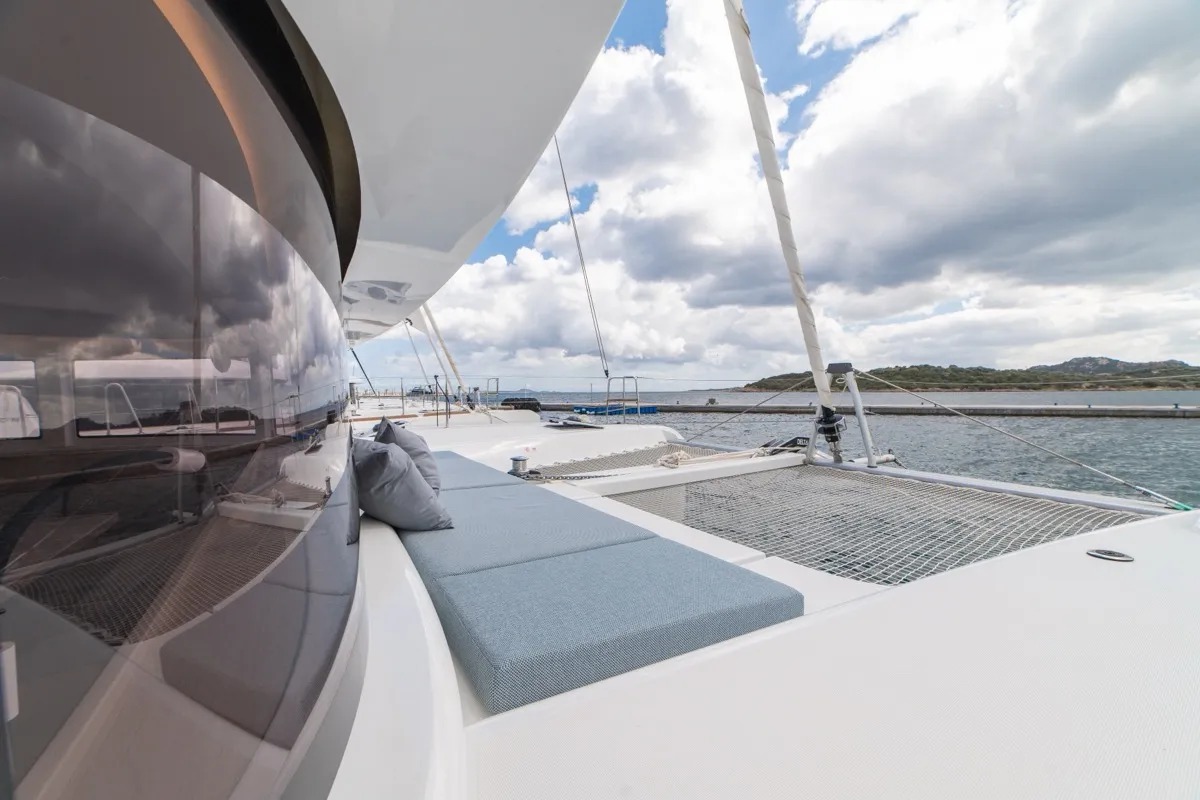 Deck of Arca 42, a Lagoon 42 catamaran at Olbia, Italy