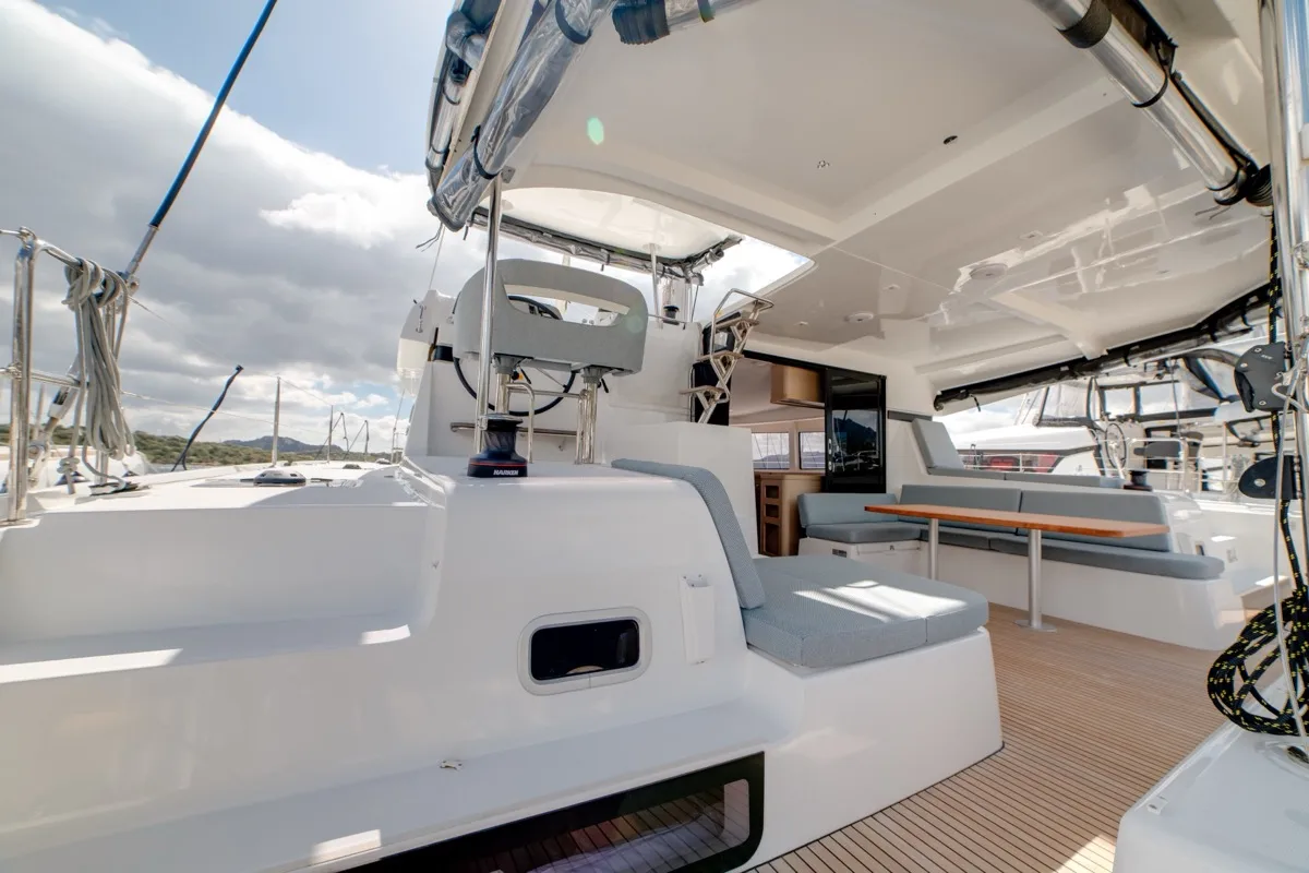 Deck of Arca 42, a Lagoon 42 catamaran at Olbia, Italy