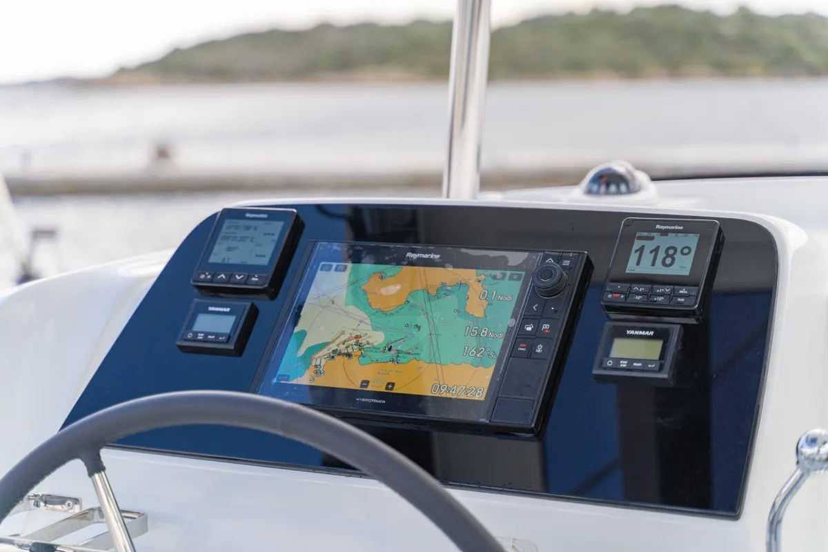 Cockpit of Arca 42, a Lagoon 42 catamaran at Olbia, Italy