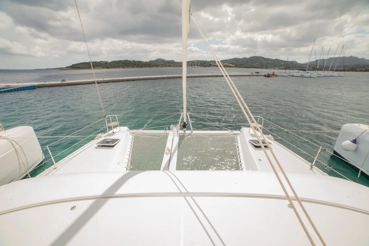 Deck of Arca 42, a Lagoon 42 catamaran at Olbia, Italy